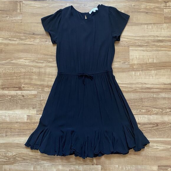 LOFT S Black Godet Flounce Ruffle Viscose Blouson Pleated Swing Dress Whimsigoth - Picture 7 of 16